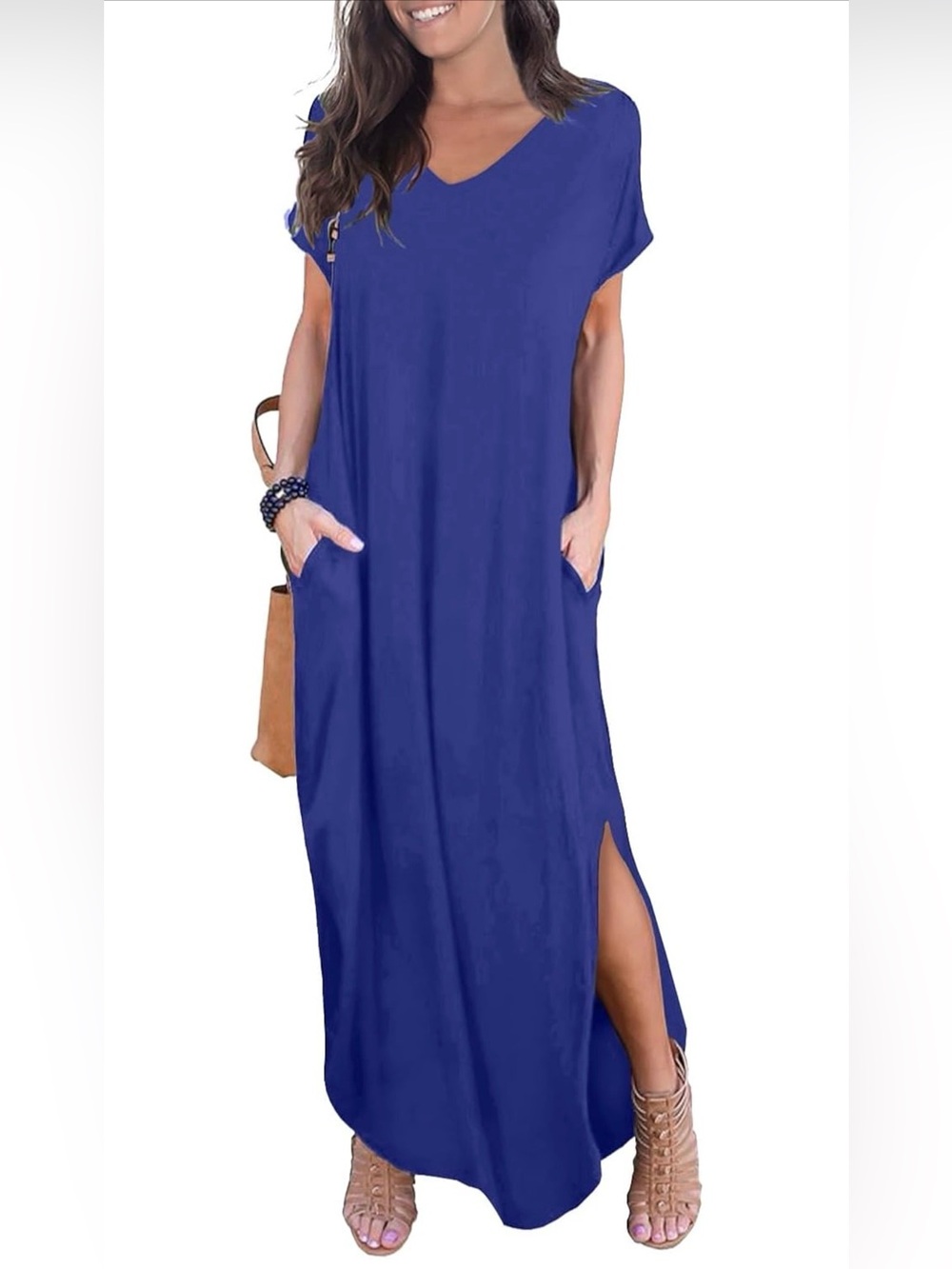Women’s Royal Blue V-Neck Maxi Summer Dress with Side Slit and Pockets